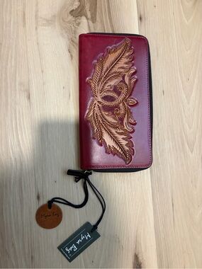 Myra Bag Red Wallet with Tan Tooled Feather Motif